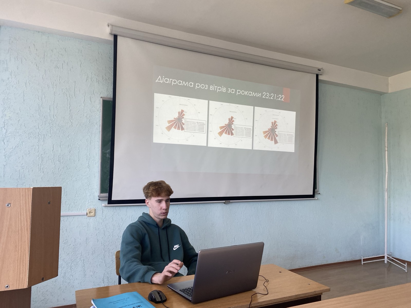 Денис Кільчицький під час доповіді про особливості вітрового режиму міста Чортків